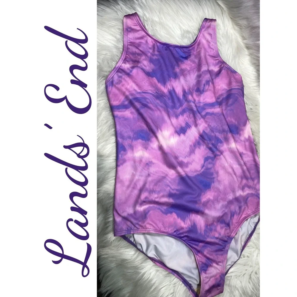 Lands' End‎ Purple Tie Dye One Piece Swimsuit Kids Size 16 Crisscross Straps